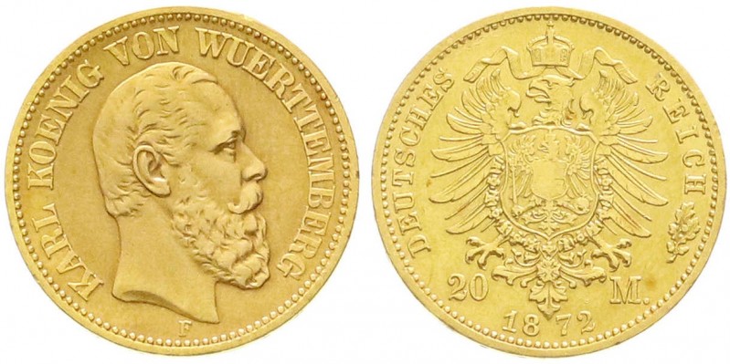 Reichsgoldmünzen, Württemberg, Karl, 1864-1891
20 Mark 1872 F. sehr schön