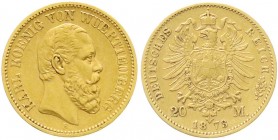 Reichsgoldmünzen, Württemberg, Karl, 1864-1891
20 Mark 1873 F. sehr schön