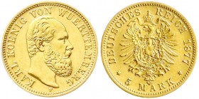Reichsgoldmünzen, Württemberg, Karl, 1864-1891
5 Mark 1877 F. sehr schön