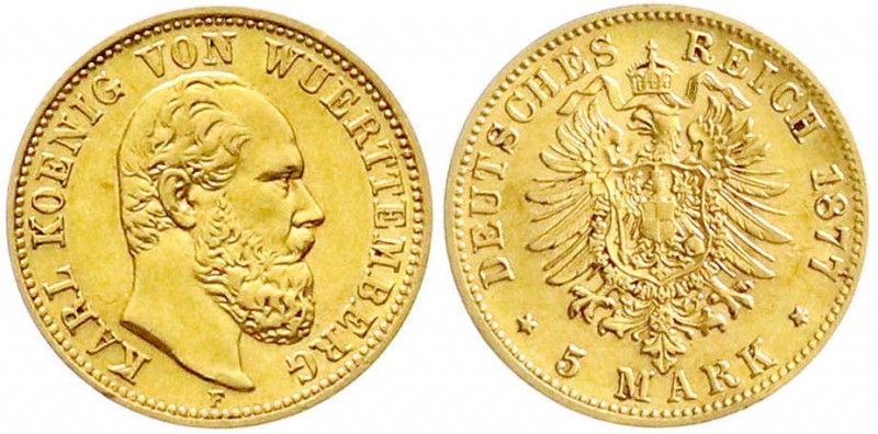 Reichsgoldmünzen, Württemberg, Karl, 1864-1891
5 Mark 1877 F. sehr schön, kl. Kr...