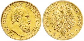Reichsgoldmünzen, Württemberg, Karl, 1864-1891
5 Mark 1877 F. sehr schön, kl. Kratzer