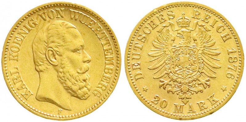 Reichsgoldmünzen, Württemberg, Karl, 1864-1891
20 Mark 1876 F. vorzüglich, winz....