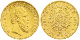 Reichsgoldmünzen, Württemberg, Karl, 1864-1891
20 Mark 1876 F. vorzüglich, winz. Randfehler