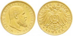 Reichsgoldmünzen, Württemberg, Wilhelm II., 1891-1918
10 Mark 1905 F. vorzüglich