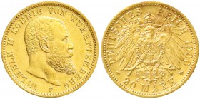 Reichsgoldmünzen, Württemberg, Wilhelm II., 1891-1918
20 Mark 1900 F. vorzüglich/Stempelglanz, winz. Kratzer