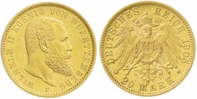 Reichsgoldmünzen, Württemberg, Wilhelm II., 1891-1918
20 Mark 1905 F. vorzüglich aus Erstabschlag