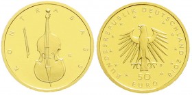 Goldmünzen der Bundesrepublik Deutschland, Euro, Gedenkmünzen, ab 2002
50 Euro 2018 D, Kontrabass. 1/4 Unze Feingold. In Originalschatulle mit Zertifi...