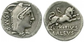 Römische Münzen, Römische Republik, L. Thorius Balbus, 105 v.Chr.
Denar 105 v.Chr. ISMR. Kopf der Juno Sospita mit Ziegenfell r./L. THORIVS BALBVS. Sp...