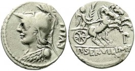 Römische Münzen, Römische Republik, P. Servilius M.F. Rullus, 100 v.Chr.
Denar 100 v.Chr. Minervakopf l.RVLLI/P. SERVILI M F. Victoria in Biga r. fast...