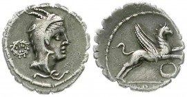 Römische Münzen, Römische Republik, L. Papius, 79 v.Chr.
Denar Serratus 79 v. Chr. Kopf der Juno Sospita im Ziegenfell, l. im Feld Kranz/Greif r., dar...
