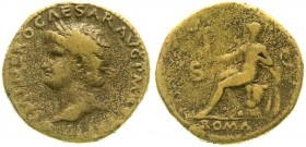 Römische Münzen, Kaiserzeit, Nero 54-68
Sesterz 65 Rom. Belorb. Brb. l./SC ROMA. Roma thront l. mit Victoriola. schön