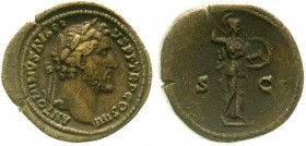 Römische Münzen, Kaiserzeit, Antoninus Pius, 138-161
Sesterz COS IIII = 145/161 n.Chr. Bel. Kopf r./SC. Minerva steht n.r. sehr schön