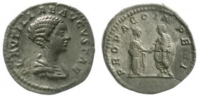 Römische Münzen, Kaiserzeit, Plautilla, Gattin des Caracalla, gest. 212
Denar 202/205. Drap. Brb. r./PROPAGO IMPERI. Caracalla und Plautilla reichen s...
