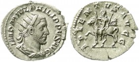 Römische Münzen, Kaiserzeit, Philippus I. Arabs, 244-249
Antoninian 244/247. Drap. Brb. mit Strahlenbinde r./ADVENTVS AVG. Philip reitet l. vorzüglich...