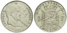 Ausländische Münzen und Medaillen, Belgien, Leopold II., 1865-1909
2 Francs 1880 auf 50 Jahre Königreich. vorzüglich