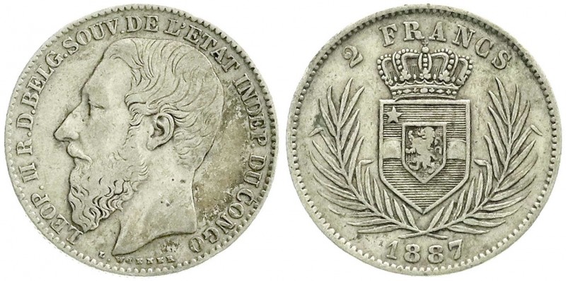 Ausländische Münzen und Medaillen, Belgisch-Kongo, Kongostaat, 1885-1908
2 Franc...