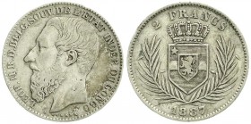 Ausländische Münzen und Medaillen, Belgisch-Kongo, Kongostaat, 1885-1908
2 Francs 1887. fast sehr schön
