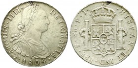 Ausländische Münzen und Medaillen, Bolivien, Carlos IV., 1788-1808
8 Reales 1804 PJ, Potosi. sehr schön, Zangenspuren am Rand