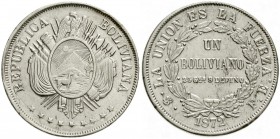Ausländische Münzen und Medaillen, Bolivien, Republik, seit 1825
Boliviano 1872 FE, mit Stempelfehler L über E in LA. gutes vorzüglich, selten