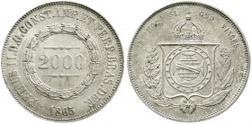 Ausländische Münzen und Medaillen, Brasilien, Pedro II., 1831-1889
2000 Reis 1865. Stempelglanz, Prachtexemplar mit feiner Tönung