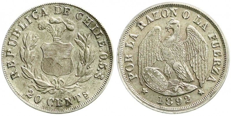 Ausländische Münzen und Medaillen, Chile, Republik, seit 1818
20 Centavos 1892. ...
