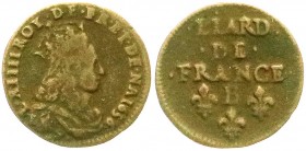 Ausländische Münzen und Medaillen, Frankreich, Ludwig XIV., 1643-1715
Kupfer Liard 1656 B, Acquigny. fast sehr schön, selten