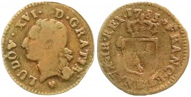Ausländische Münzen und Medaillen, Frankreich, Ludwig XVI., 1774-1793
Kupfer Liard 1785 B, Rouen. schön/sehr schön, Schrötlingsfehler, selten