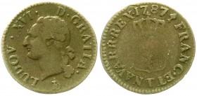 Ausländische Münzen und Medaillen, Frankreich, Ludwig XVI., 1774-1793
Kupfer Liard 1787 T, Nantes. schön/sehr schön, Prägeschwäche, selten