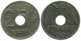 Ausländische Münzen und Medaillen, Rumänien, Ferdinand I., 1914-1927
25 Bani 1921, Materialprobe in Messing (geschwärzt). 2,61 g. vorzüglich