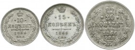 Ausländische Münzen und Medaillen, Russland, Alexander II., 1855-1881
3 Stück: 10, 15 und 20 Kopeken 1866, St. Petersburg. sehr schön bis vorzüglich...