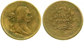 Ausländische Münzen und Medaillen, Vereinigte Staaten von Amerika, Unabhängigkeit, seit 1776
1/2 Cent 1806, kleine 6, "stemless". schön