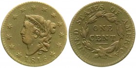 Ausländische Münzen und Medaillen, Vereinigte Staaten von Amerika, Unabhängigkeit, seit 1776
Cent 1816. gutes sehr schön