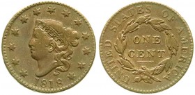 Ausländische Münzen und Medaillen, Vereinigte Staaten von Amerika, Unabhängigkeit, seit 1776
Cent 1818. sehr schön