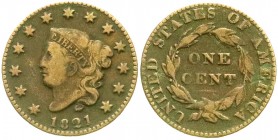 Ausländische Münzen und Medaillen, Vereinigte Staaten von Amerika, Unabhängigkeit, seit 1776
Cent 1821. schön/sehr schön, besseres Jahr