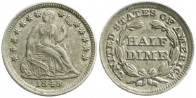 Ausländische Münzen und Medaillen, Vereinigte Staaten von Amerika, Unabhängigkeit, seit 1776
1/2 Dime 1849 über 1848. sehr schön/vorzüglich