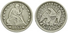 Ausländische Münzen und Medaillen, Vereinigte Staaten von Amerika, Unabhängigkeit, seit 1776
1/4 Dollar 1853 mit Pfeilen und Strahlen. fast sehr schön...