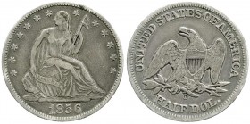 Ausländische Münzen und Medaillen, Vereinigte Staaten von Amerika, Unabhängigkeit, seit 1776
1/2 Dollar 1856 O, New Orleans. sehr schön, schöne Patina...