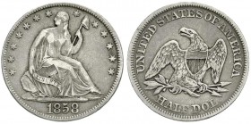Ausländische Münzen und Medaillen, Vereinigte Staaten von Amerika, Unabhängigkeit, seit 1776
1/2 Dollar 1858, Philadelphia. sehr schön, kl. Randfehler...