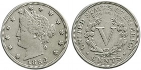 Ausländische Münzen und Medaillen, Vereinigte Staaten von Amerika, Unabhängigkeit, seit 1776
5 Cents 1888. sehr schön, besseres Jahr