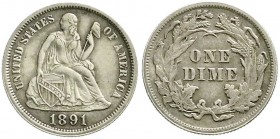 Ausländische Münzen und Medaillen, Vereinigte Staaten von Amerika, Unabhängigkeit, seit 1776
Dime 1891. vorzüglich