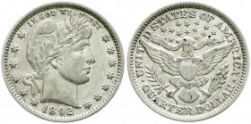 Ausländische Münzen und Medaillen, Vereinigte Staaten von Amerika, Unabhängigkeit, seit 1776
1/4 Dollar Barber 1892. fast Stempelglanz