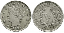 Ausländische Münzen und Medaillen, Vereinigte Staaten von Amerika, Unabhängigkeit, seit 1776
5 Cents 1894. sehr schön, besseres Jahr