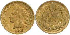 Ausländische Münzen und Medaillen, Vereinigte Staaten von Amerika, Unabhängigkeit, seit 1776
Cent 1908 S, San Francisco. sehr schön, besseres Jahr