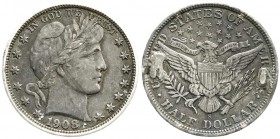 Ausländische Münzen und Medaillen, Vereinigte Staaten von Amerika, Unabhängigkeit, seit 1776
1/2 Dollar 1908 S, San Francisco. sehr schön, Broschiersp...