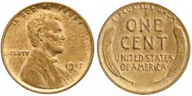 Ausländische Münzen und Medaillen, Vereinigte Staaten von Amerika, Unabhängigkeit, seit 1776
Cent 1917 D, Denver. vorzüglich/Stempelglanz