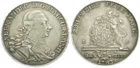 Altdeutsche Münzen und Medaillen, Brandenburg-Bayreuth, Alexander, 1769-1791
Konventionstaler 1783 EP. Brustb. n.r./Löwe hält Schild. gutes sehr schön...