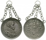 Altdeutsche Münzen und Medaillen, Brandenburg-Preußen, Joachim Friedrich, 1598-1608
Schaumünze mit 3 Ösen an Kette 1598 unsigniert (Tobias Wolff?) Brb...