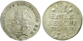 Altdeutsche Münzen und Medaillen, Brandenburg-Preußen, Friedrich II., 1740-1786
1/6 Taler 1752 A, Berlin. sehr schön, Schrötlingsfehler