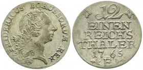 Altdeutsche Münzen und Medaillen, Brandenburg-Preußen, Friedrich II., 1740-1786
1/12 Taler 1765 E, Königsberg. sehr schön/vorzüglich