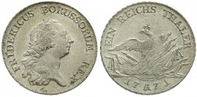 Altdeutsche Münzen und Medaillen, Brandenburg-Preußen, Friedrich II., 1740-1786
Taler 1771 A, Berlin. fast Stempelglanz, nur min. justiert, Prachtexem...